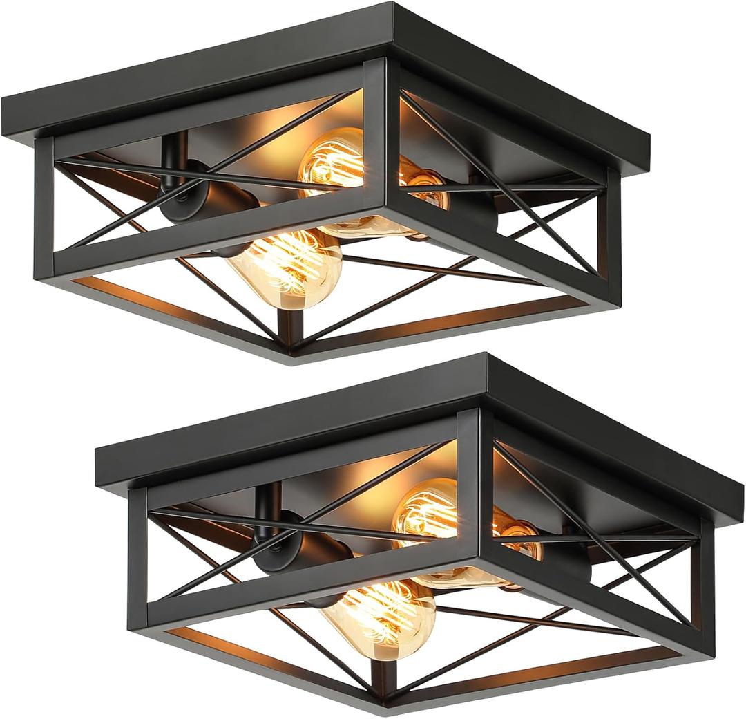 2-Light Industrial Square Flush Mount Ceiling Light, Farmhouse Ceiling Light Fixture for Kitchen, Modern Black Close to Ceiling Light for Hallway Bedroom Balcony Porch Stairway, E26, 2-Pack 2-Light Industrial Square Flush Mount Ceiling Light, Farmhouse Ceiling Light Fixture for Kitchen, Modern Black Close to Ceiling Light for Hallway Bedroom Balcony Porch Stairway, E26, 2-Pack