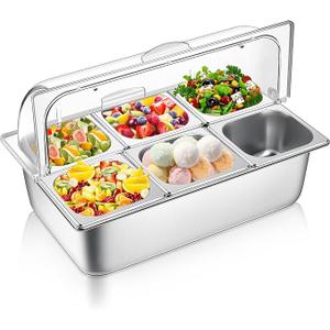 6 Pan Stainless Steel Food Serving Tray, Buffet Condiment Dispenser Display Rack with Clear Lid & 3 Freezer Boxes, for Restaurant Hotel Kitchen Party