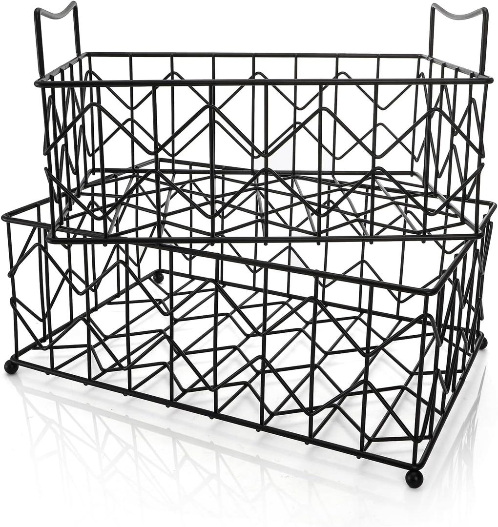 2 Pack Wire Basket for Organizing, Sturdy Metal Storage Bin with Handle, Extra Large Food Organizer for Household Goods, Pantry Cabinet, Kitchen Wardrobe, Bathroom Countertop Laundry, Black