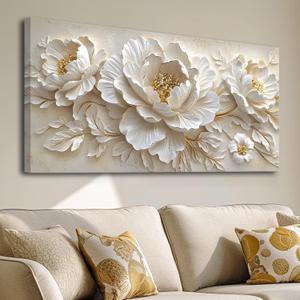 Large scale Flower canvas wall art Mural White Flower Gold stamen Abstract Decorative Painting Modern Nordic Plant Flower Poster Printing Living Room Dining Room Bedroom Office Corridor Home Decoration, 29x58 inches