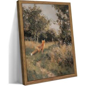 Vintage Framed Wall Art, Country Cottagecore Fox Canvas Wall Decor Painting, Whimsical Cottage Forest Animal Prints Pictures for Farmhouse Living Room Bedroom 8x10 Inch