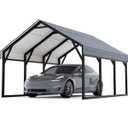 GarveeLife 10x15 ft Metal Carport, Reinforced Frame and Steel Roof for All-Weather Use, Permanent Shelter for Bass Boats, Sedans, and Tractors, Gray