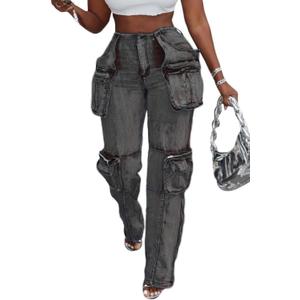 Vaceky Stretch Cargo Jeans Women Straight Leg Side Zipper Slit Y2K Denim Pants with Pockets (Small, Gray Black)