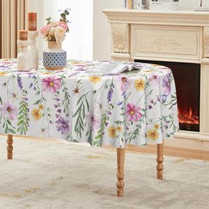 Horaldaily Spring Tablecloth 60×84 Inch Oval, Yellow White Purple Daisy Floral Washable Seasonal Table Cover for Party Picnic Dinner Decor
