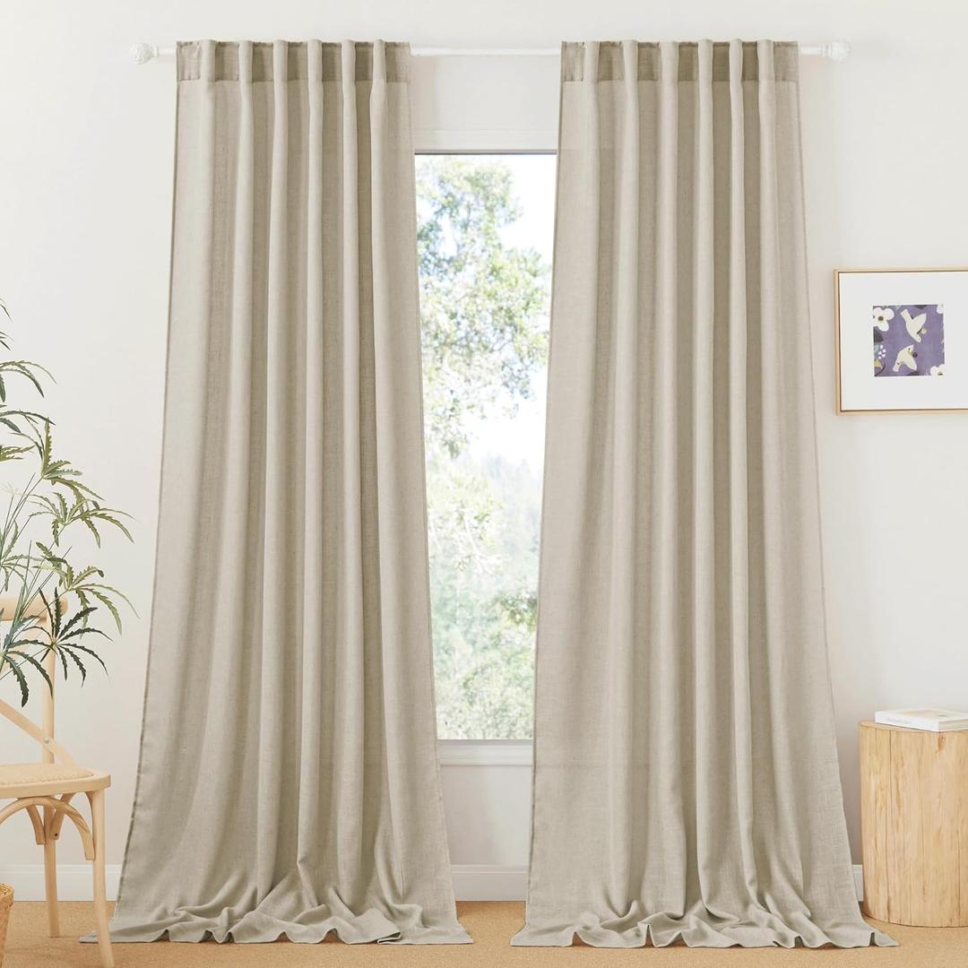 RYB HOME Semi Sheer Curtains 102 inches Long, Back Tab Light Filtering Half Privacy Window Curtains & Drapes for Bedroom Living Room, Beige, W 52 x L 102 inches, 2 Panels Set