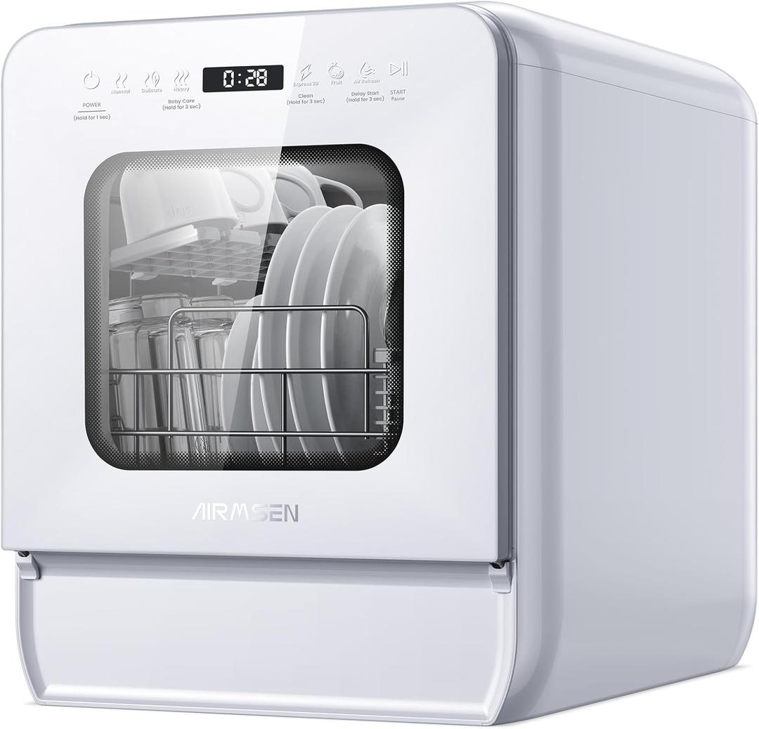 AIRMSEN Portable Countertop Dishwasher with 5L Water Tank, Mini Dishwasher with 14.6 Ultra-Narrow Design, 9 Programs, 24H Delay Start & 360 Dual Spray, No Hookup Needed, C01, White (4 Place Settings)