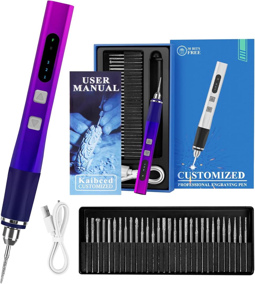 [Dual-Directional Rotation] Electric Engraving Pen, Ultimate Cordless Engraving Pen for Artists & DIYers - Engrave 60+ Surfaces - Beginner Friendly- 30 Bits & Mastery Guide (Purple)