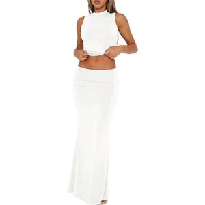 2 Piece Skirt Sets for Women Summer Sleeveless Tank Crop Top Fold Over Bodycon Maxi Long Skirts Y2K Vacation Outfits (Large, White)