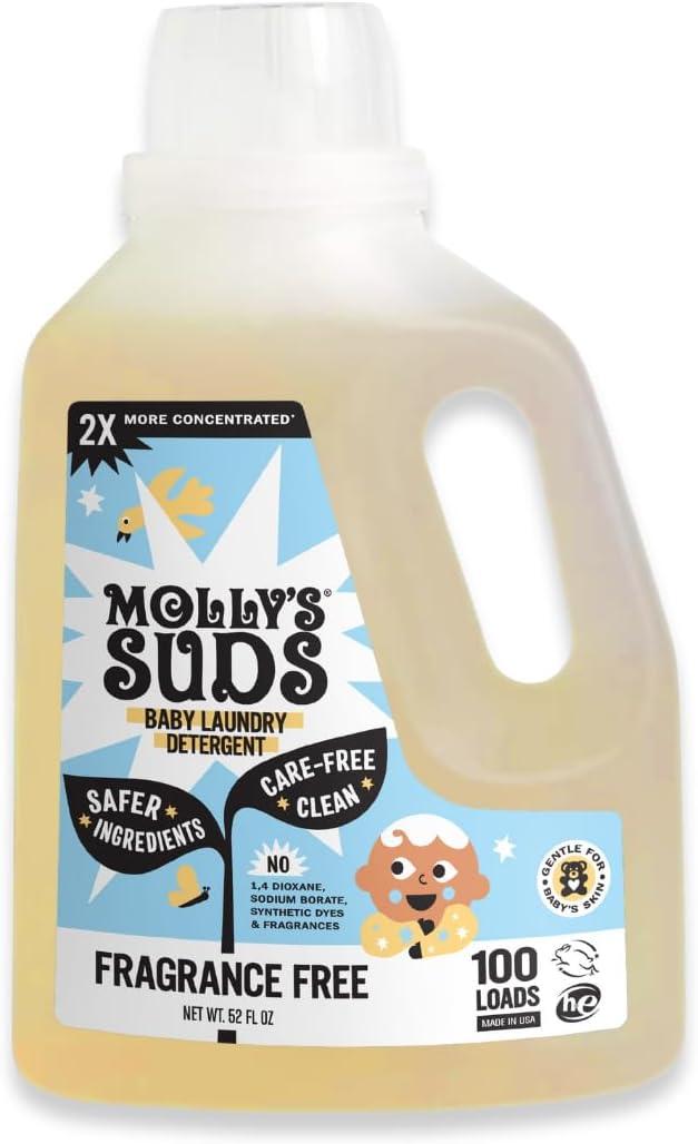 Molly's Suds Baby Liquid Laundry Detergent | Removes Formula, Poop & Spit-Up Stains | Extra Gentle for Infants, Babies, Toddlers (Fragrance Free, 100 Loads) (52 Fl Oz)