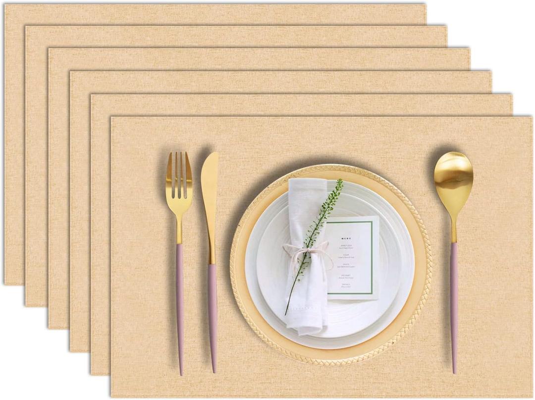 Cloth Placemats Set of 6, Cotton Linen Blend Machine Washable Durable Linen Table Mats, Heat Resistant Placemats Wrinkle Free Place Mats for Dining Table, Easy to Clean (Beige)