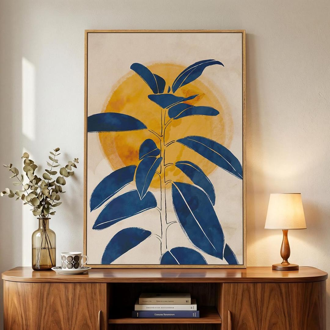 Framed Abstract Boho Blue Yellow Wall Art for Living Room, Mid Century Modern Sun and Leaf Canvas Artwork for Walls, Vertical Paintings Prints Pictures Wall Decor for Bedroom Kitchen Home, 24x36 Inch