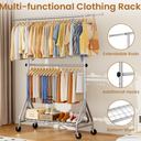 Heavy Duty Clothes Rack for Hanging Clothes, Double Rods Clothing Rack with Lockable Wheels, Rolling Garment Racks with Shelf, Easy to Assemble, Silver