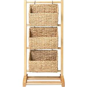 HOMESTEAD 3-Tier Wooden Shelf with Water Hyacinth Woven Baskets – Rattan Shelf Basket, Boho Room Decor, Wooden Book Shelf, Bathroom Storage Shelves, Kitchen, Laundry, Living Room (Natural)