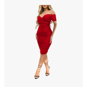 Women's Sexy Deep V Neck Off Shoulder Ruched Bodycon Long Sleeve Midi Dress Evening Party Cocktail Dress S Red