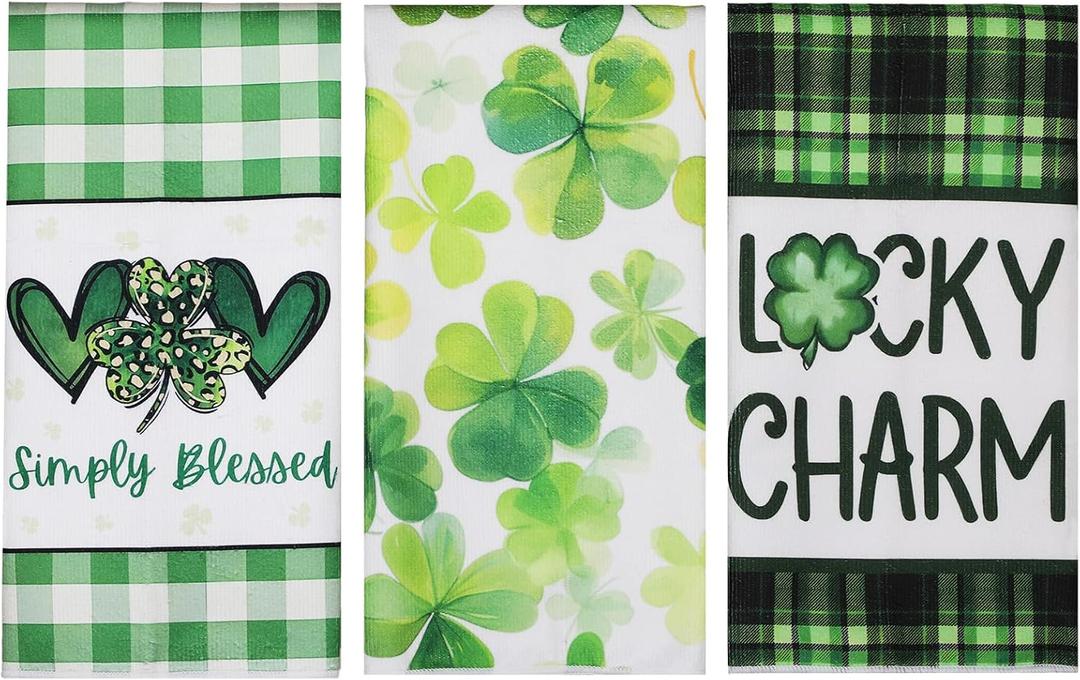 Simpeak St. Patrick's Day Kitchen Towels Set of 3, 16x26 Inch Green Shamrock Dish Cloths Towels & Cleaning Dishtowels for Kitchen Collection Household Cleaning and St Patricks Day Spring Decorations
