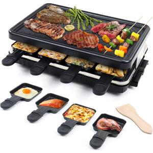 Electric Raclette Grill & Korean BBQ - 8 Non-Stick Cheese Trays, 1300W with Temperature Control, Dishwasher-Safe Indoor Grill for Family Gatherings & Interactive Dinner Parties
