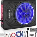 10" 1200W Slim Under Seat Powered Car Subwoofer Hideaway Subwoofer with Complete Mounting Wire Kit, Car Truck Audio Subwoofer Built in Amplifier Sub Amp Combo, with Blue LED Ambient Light