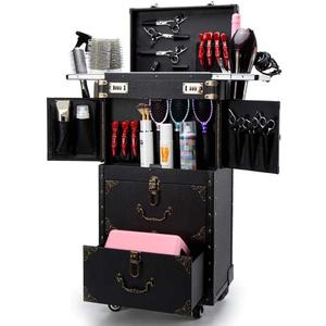 Rolling Lockable Makeup Train Case Hairdressing Trolley Stylist Beauty Salon Cosmetic Luggage Travel Organizer Tool Box with Hair Dryer Holder