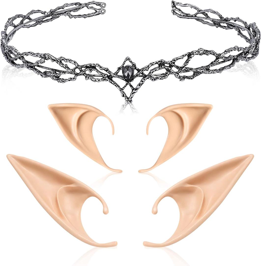 FRESHME Elf Ears with Crown Set, Soft Fairy Ears and Crystal Crown Headband for Women Halloween Cosplay Costume Party