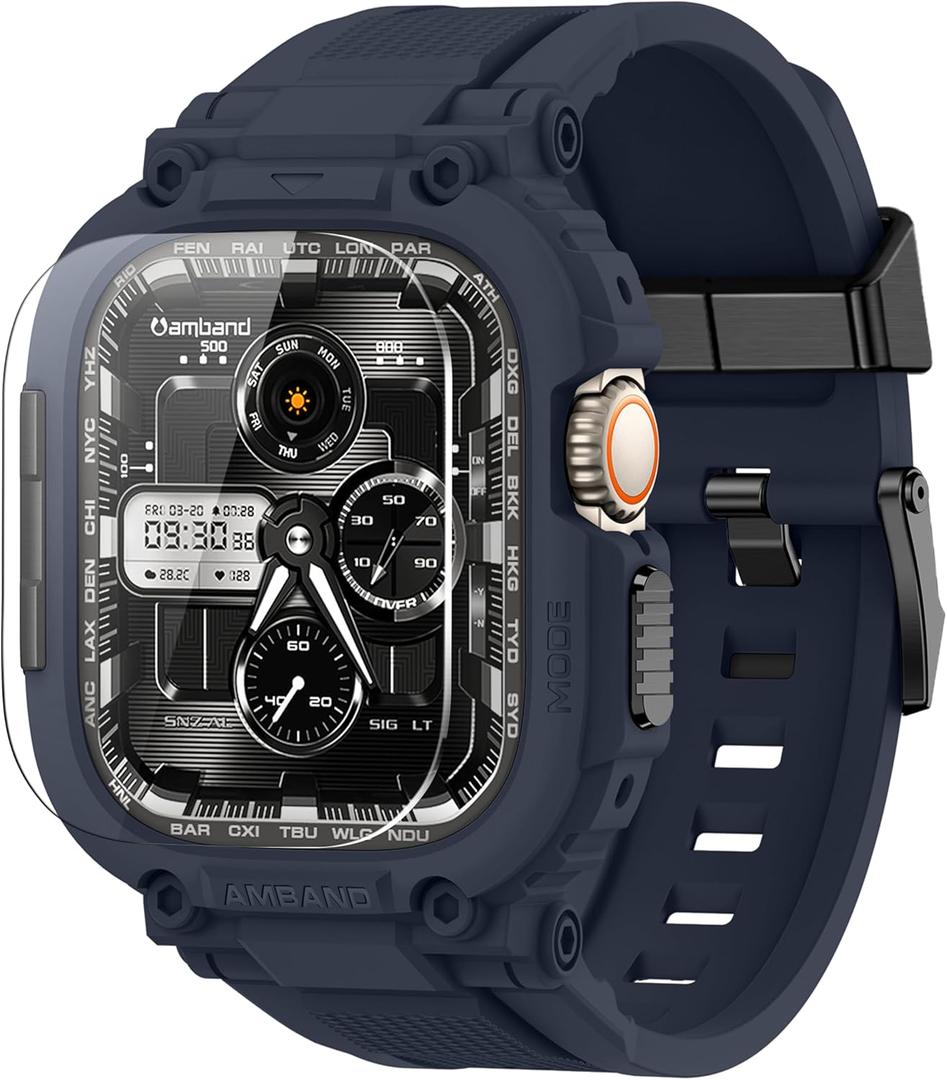 amBand for Apple Watch Ultra 3/2/1 Case, M1 Sport Series Durable Bumper and Screen Protector Fits iWatch Ultra Bands 49mm, Waterproof Gym Workout Accessories for Running Swimming Boating - Navy Blue