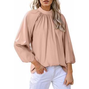 Astylish Women's Long Puff Sleeve Tops Ruffle Dressy High Mock Neck Blouse Shirt (XX-Large, Light Pink)