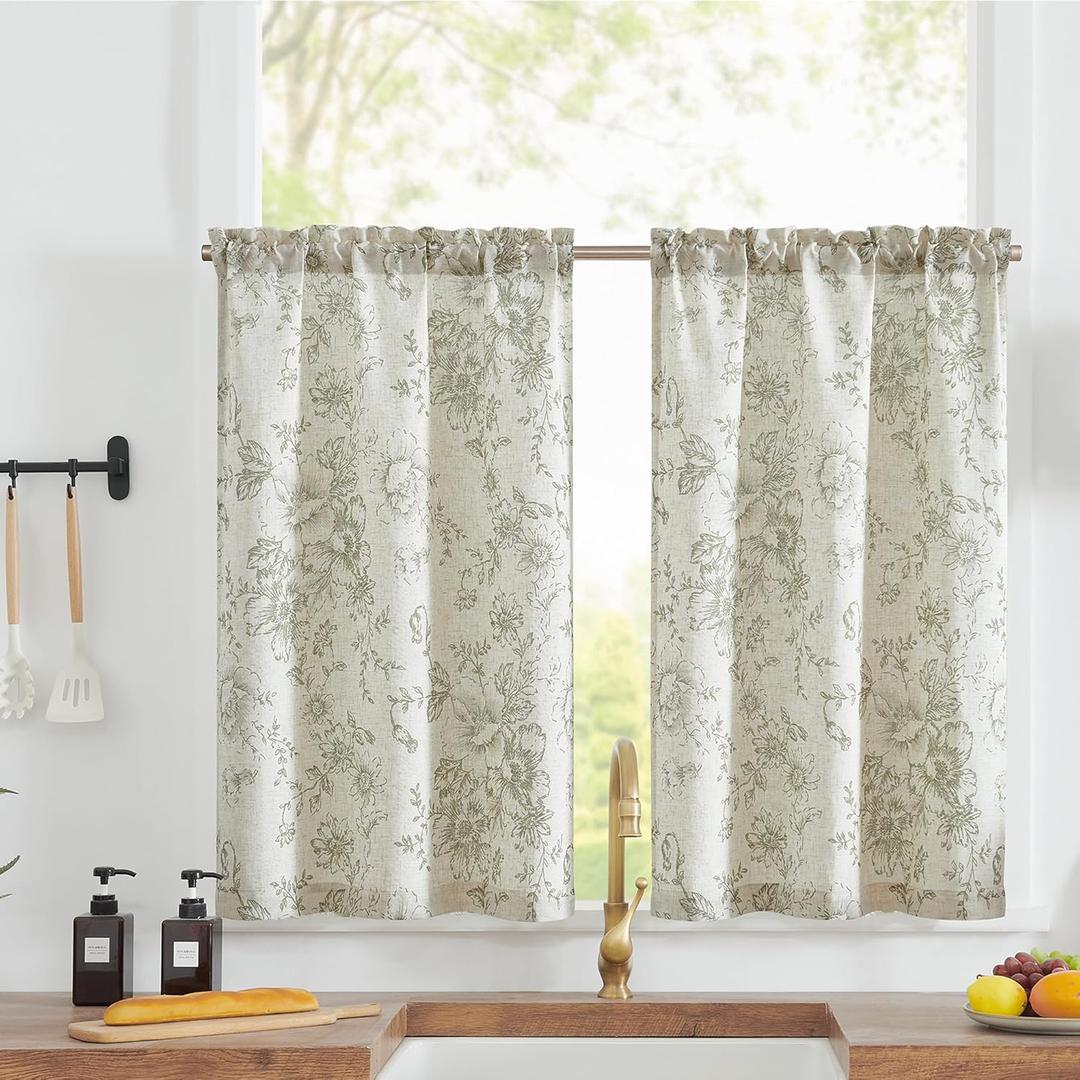jinchan Floral Linen Tier Curtains Floral Sage on Beige Cafe Curtains 24 Inch Length Kitchen Living Room Bedroom Bathroom Farmhouse Rustic Country Rod Pocket 2 Panels (26"W x 24"L (Pack of 2), Floral Sage on Beige)