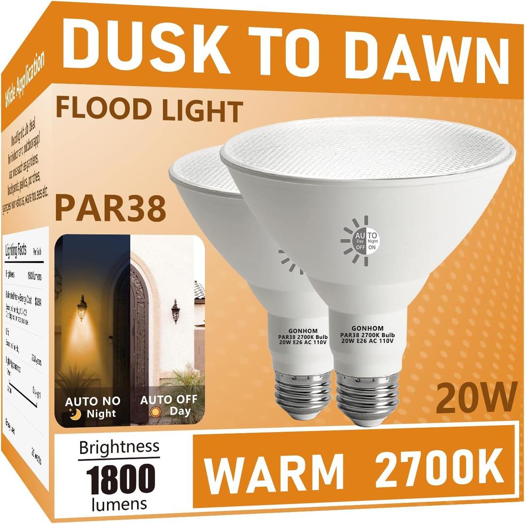 Gonhom Par38 LED Dusk to Dawn Flood Light Bulbs Outdoor, 20W Replace up to 200W, 1800LM, E26 Base Outdoor Flood Light Bulbs for Backyard, Garage, Porch, Garden, 2700K 2 Pack