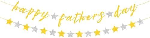 Happy Father's Day Glitter Black Beer Bunting Banner for Dad Father's Party Decorations Backdrop Garland for Father's Day (Gold Star)