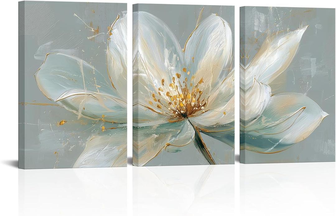 White Lotus Canvas Wall Art Grey Gold Floral Decor Living Room Bedroom | Neutral White Magnolia Canvas Print Flower Painting Abstract Artwork Farmhouse Zen Home Decor 3 Panel 16x24 Inch