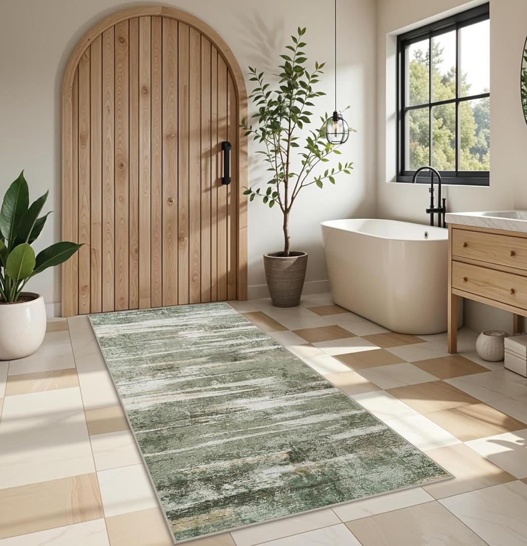 Wide 3x6 Kitchen Rugs Washable - Modern Abstract Hallway Runner Rug Ultra Soft Non Slip Carpet for Bedroom Kitchen Laundry Low Pile Home Decor Indoor Floor Mat for Entryway Bathroom 3x6 Green