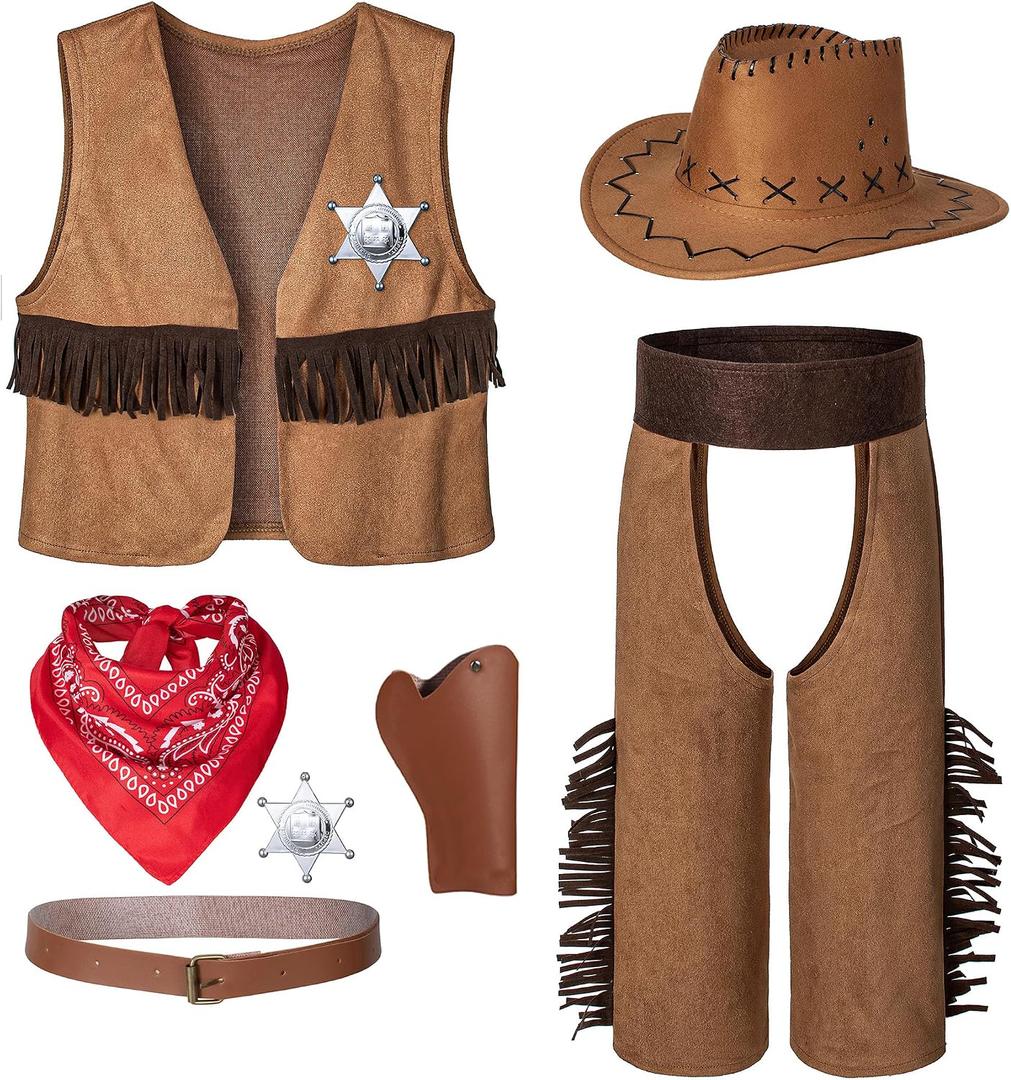 Cowboy Costume for Boys 7pcs Set Kids Dress Up Birthday Party Halloween Cosplay 8-10 Years
