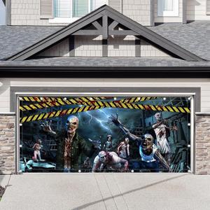 1PC 16x7ft Halloween Zombies Garage Door Banner Decorations End World Warning Photography Backdrop Home Outdoor Wall Cover Scary Party Supplies