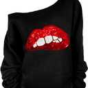MAGICMK Womans Sweatershirt Lips Print Causal Blouse Off The Shoulder Long Sleeve Loose Slouchy Pullover Plus Size Tops (5X-Large, Black)