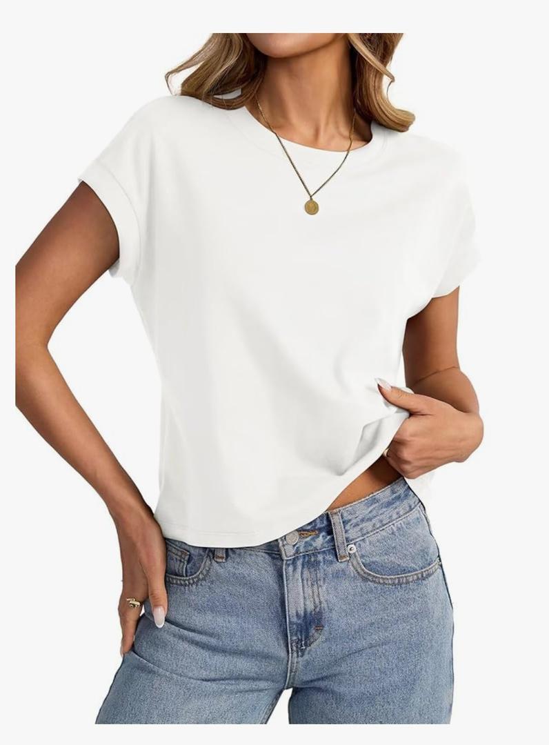 Womens Cap Sleeve Crop Tops Cotton T Shirts Crewneck Loose Fit Short Sleeves Tee Summer Fashion Clothes 2025 S