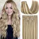 Loxxy Human Hair Clip in Extensions Ultra Invisible 18Inch 130G 7Pcs Seamless Clip in Extensions Real Human Hair Color Light Brown Mixed With Highlights Platinum Blonde (Seamless Clip-18 Inch-130G, #P8/60 Light Brown Mixed Platinum Blonde)