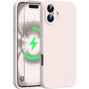 Goodon Magnetic for iPhone 16 Case with Screen Protector - Wireless Charging Compatible - Full Camera Protection - Shockproof Protective Silicone Phone Case for Women and Girls - Pale Pink