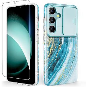 SHEDEER for Samsung Galaxy S24 Plus Case with Slide Camera Cover + Screen Protector, Samsung S24 Plus Case Shockproof Slim Thin, Glossy Fade-Resistant Pattern Phone Case Cover for S24+ Plus, Blue