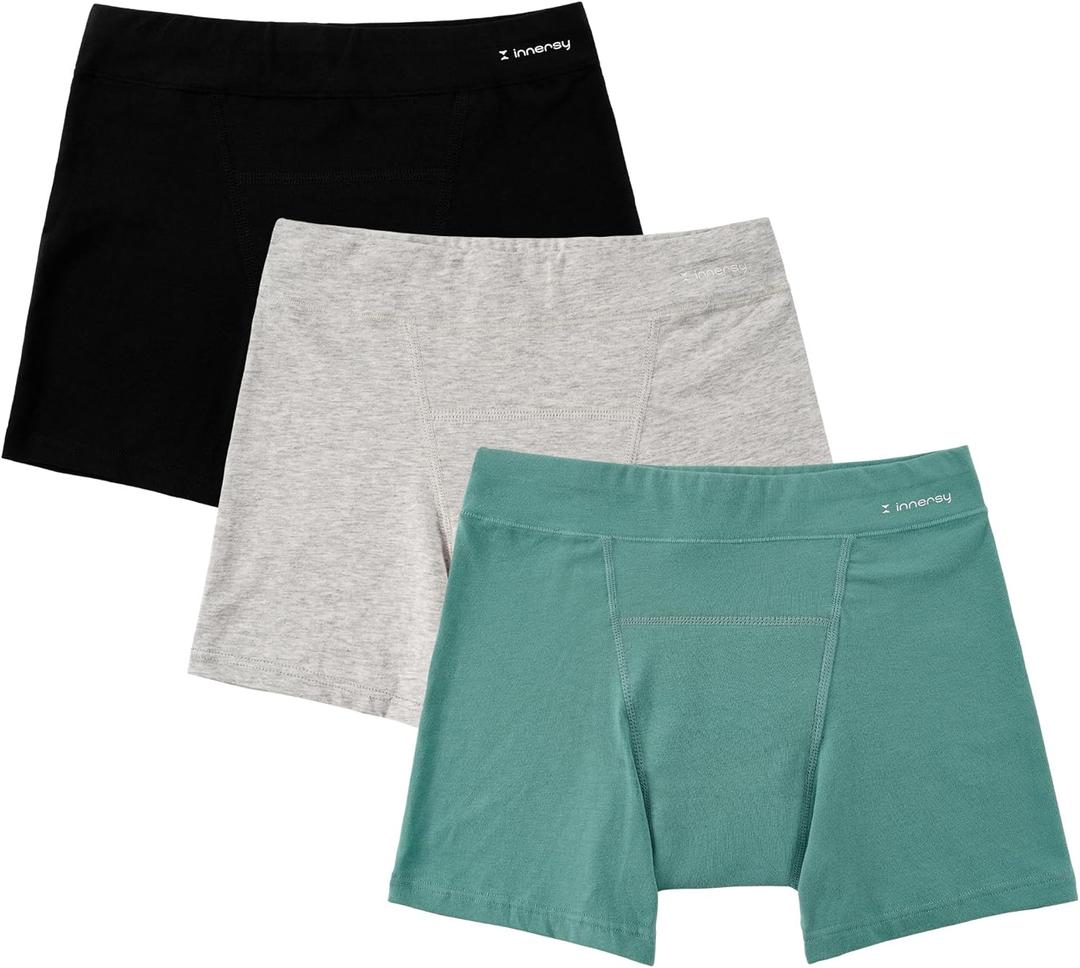 INNERSY Girls Period Underwear Cotton Boyshorts for Teen Aged 8-16 Panties 3 Pack (12-14 Years, Black/Light Grey/Green)