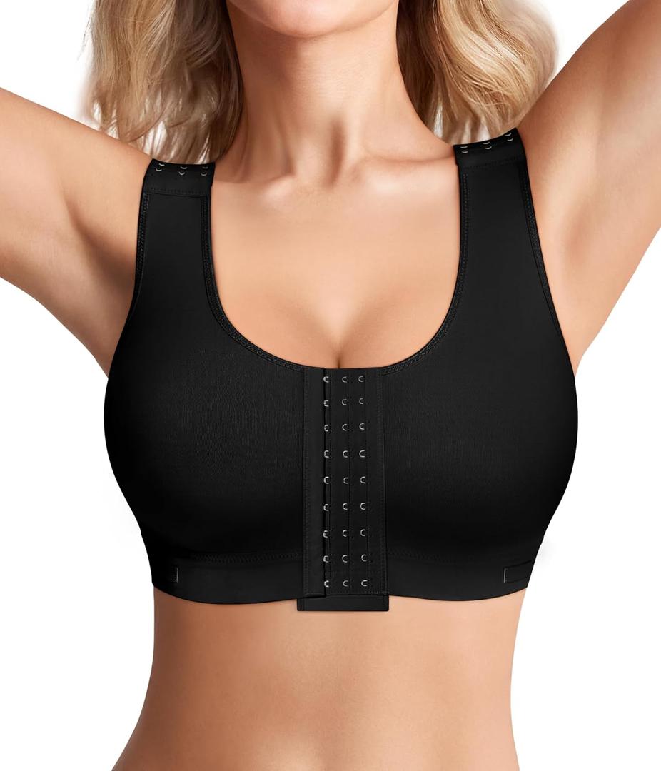 BRABIC Women Front Closure Post Surgery Compression Everyday Bras for Mastectomy Support with Adjustable Straps Wirefree Black(Medium, Black)