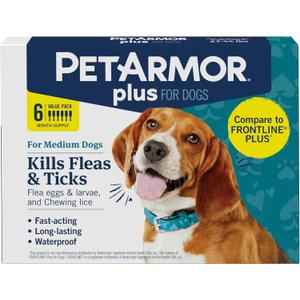 PetArmor Plus Flea and Tick Prevention for Dogs, Medium Dog Flea and Tick Treatment, 6 Doses, Waterproof Topical, Fast Acting (23-44 lbs)