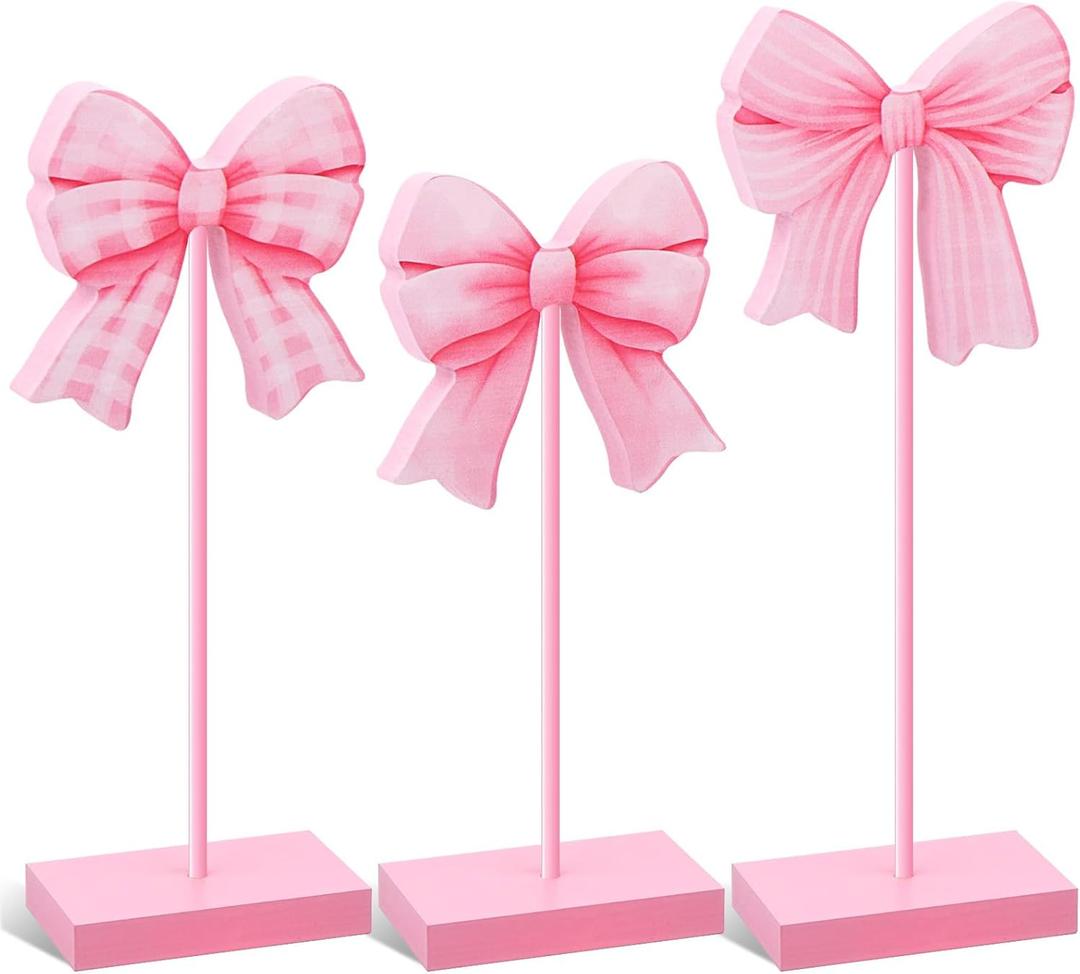3 Pcs Small Bow Wooden Sign Tall Standing Block Coquette Room Decor Bow Centerpieces for Table Topper Girly Coquette Party Tiered Tray (Pink Bow)