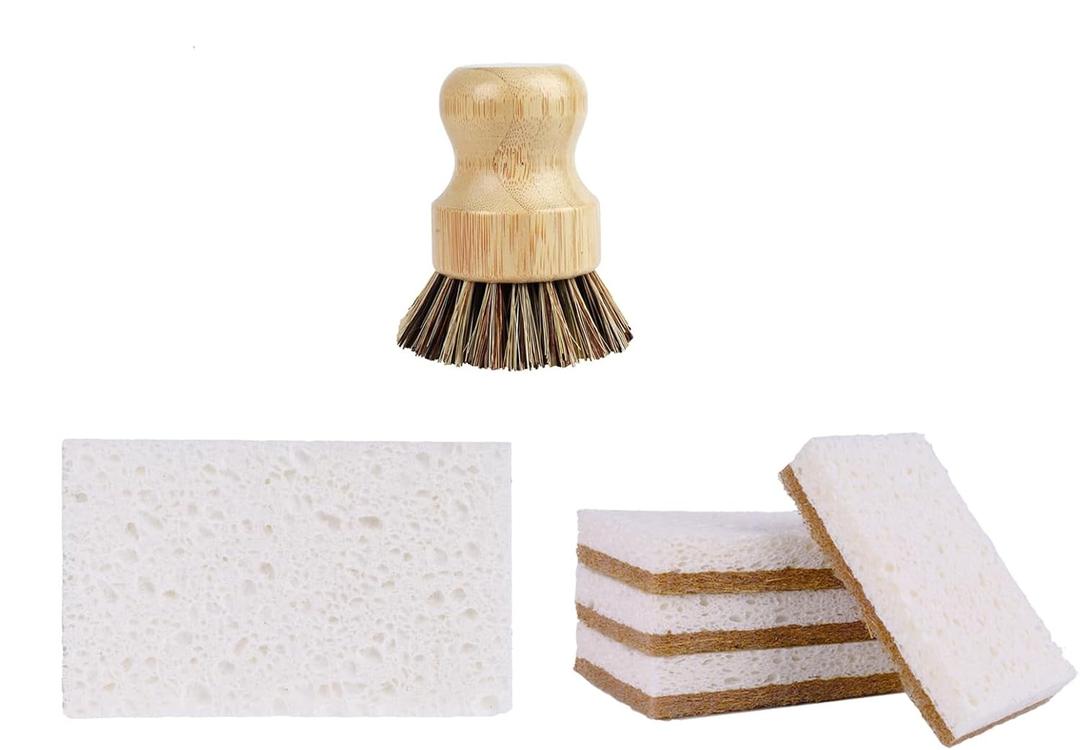 6 Pack Bamboo Dish Brush Set - 1pcs Palm Dish Scrubber and 5 Pieces Natural Kitchen Sponge for Dishes, Pots and Vegetables