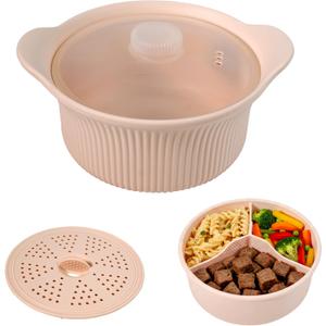 Microwave Silicone Steamer, 3-Compartment for Veggies Fish & Baby Food, 4-in-1 Pot with Lid & Basket, Oven & Dishwasher Safe, Easy Clean, Food Grade (Pink)