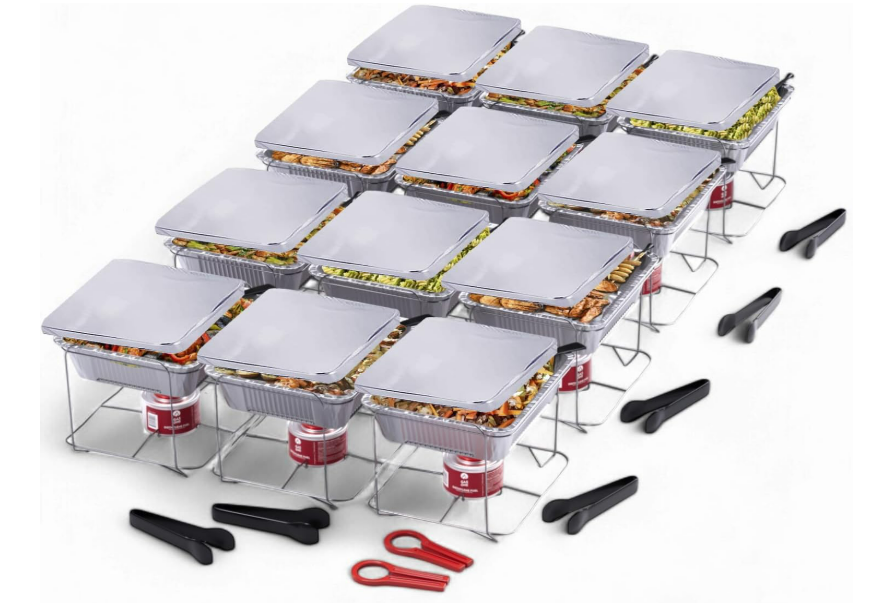 12 Pack - Disposable Chafing Dish Buffet Set, Welded Body Food Warmers for Parties, 2hr Fuel Cans Complete Set, Half Size Pans, Warming Trays