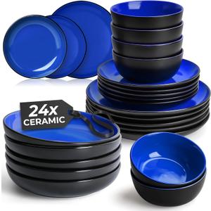MIAMIO  Service for 6 Dishware Set/Stoneware Dinnerware Set  Including Plates, Bowls and Mugs  Microwave & Dishwasher Safe  Le PaPillon Collection (Blue, 24-Pieces)