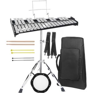 Professional 32 Note Glockenspiel Xylophone Bell Kit for beginner :Muted Practice Pad Percussion Kit for Adult, with Three Types of Drumsticks, Adjustable Stand&Carrying Bag