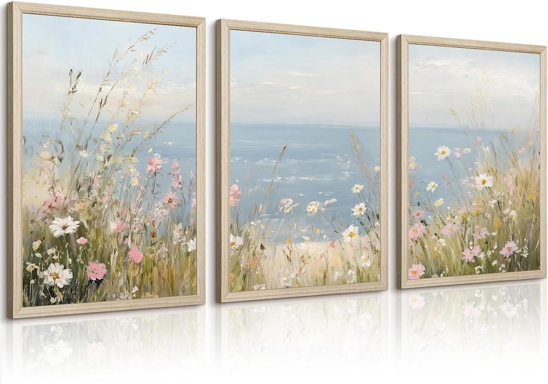 Coastal Wildflower Wall Art Beach Floral Canvas Wall Decor Vintage Coastal Landscape Pictures Ocean Flower Poster Summer Prints Seascape Painting for Living Room Bedroom 16x24 Inch Wood Framed 3Pcs