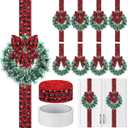 Juinte 10 Pcs 8" Small Christmas Wreaths for Kitchen Cabinet and 1 Roll Ribbon 2.5" x 30 Yards, Mini Christmas Wreaths for Indoor DIY Crafts Window Front Door Farmhouse(Plaid,Linen)