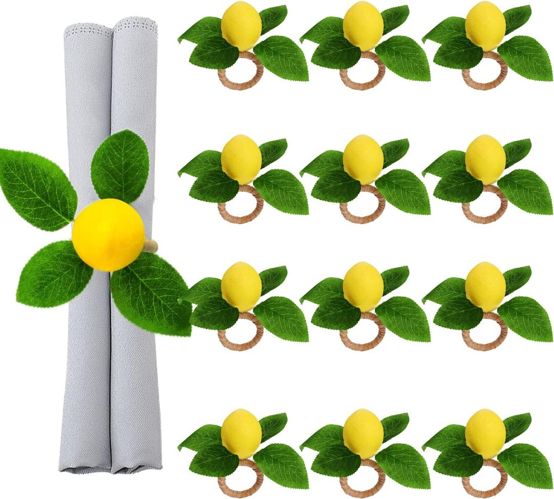 Lemon Napkin Rings Set of 12, Faux Lemon Summer Farmhouse Napkin Ring Holder for Dining Table Decor Banquet Wedding Birthday Thanksgiving Christmas Easter Holiday Table Decorations
