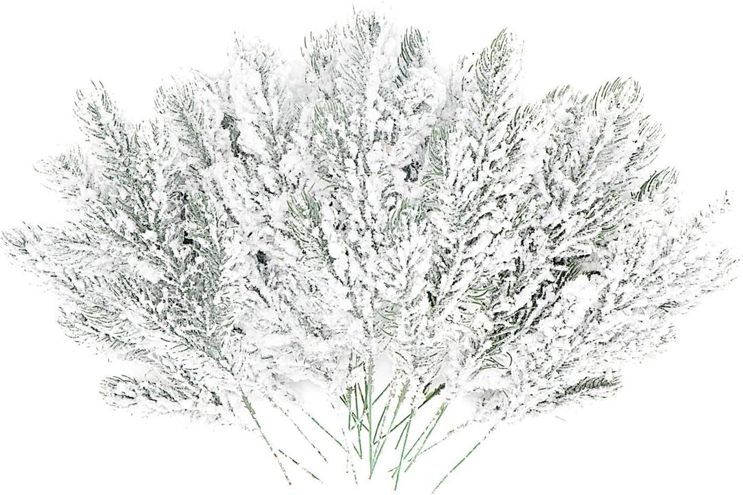 20PCS Frosted Artificial Pine Needles Branches 10.6 Inches Christmas Fake Snowy Pine Picks Twigs Winter Sprays Greenery Stems for Christmas Tree DIY Garlands Wreaths Crafts Home Holiday Decorations (White)